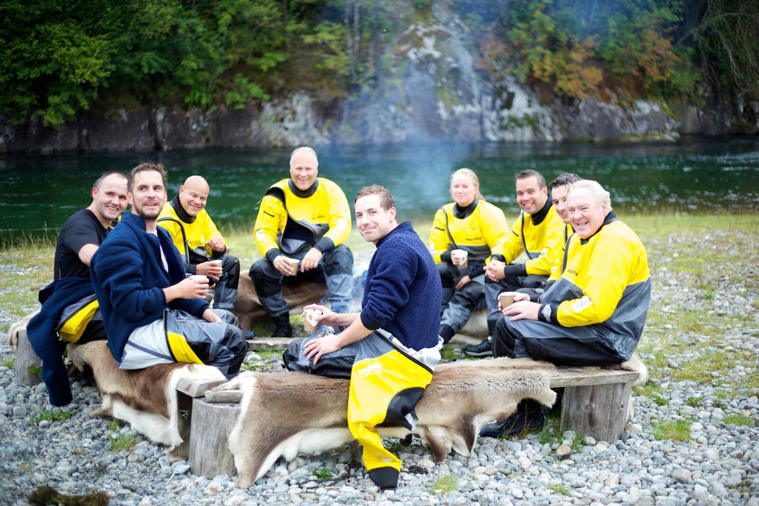Corporate group enjoying a team-building river experience at Mo Laks