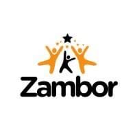 A corporate logo design featuring the brand name "Zambor" in bold black typography. Above the text are two stylized orange/gold human figures with raised arms