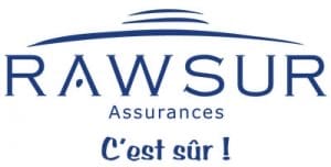 This is a corporate logo for RAWSUR Assurances, an insurance company. The design features a professional and trustworthy aesthetic with navy blue text and