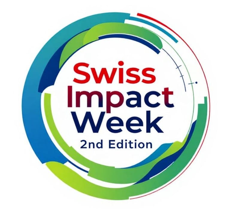 A circular logo design for Swiss Impact Week's second edition featuring concentric rings in various shades of blue, green, teal, and red. The design conveys