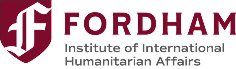 This is an institutional logo and branding image for Fordham University's Institute of International Humanitarian Affairs. The design features a shield-shaped