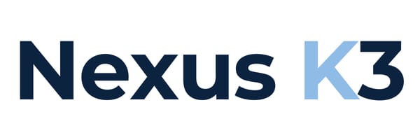 A corporate logo design featuring the text "Nexus K3" where "Nexus" appears in a dark navy blue color and "K3" is rendered in a lighter blue shade. The
