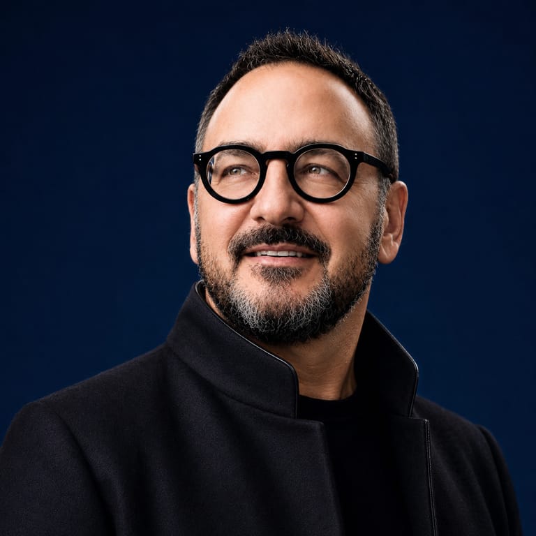 A professional portrait photograph of a middle-aged man with a well-groomed beard and mustache, wearing distinctive round black-framed glasses. He is dressed