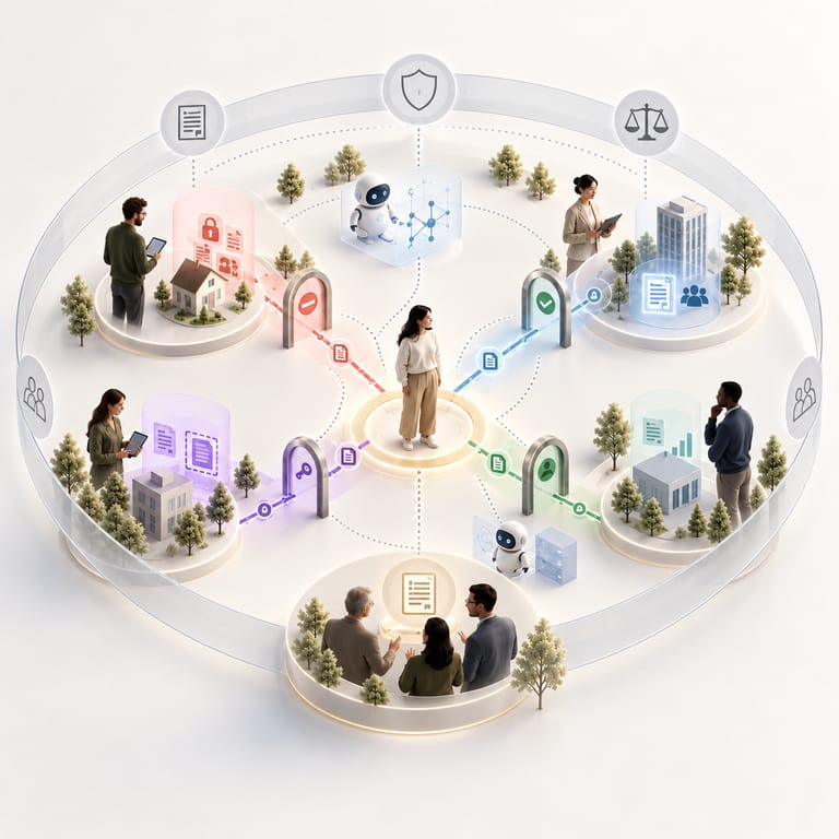 Abstract visualization of sovereign identity, data control and governance permissions within coOwn