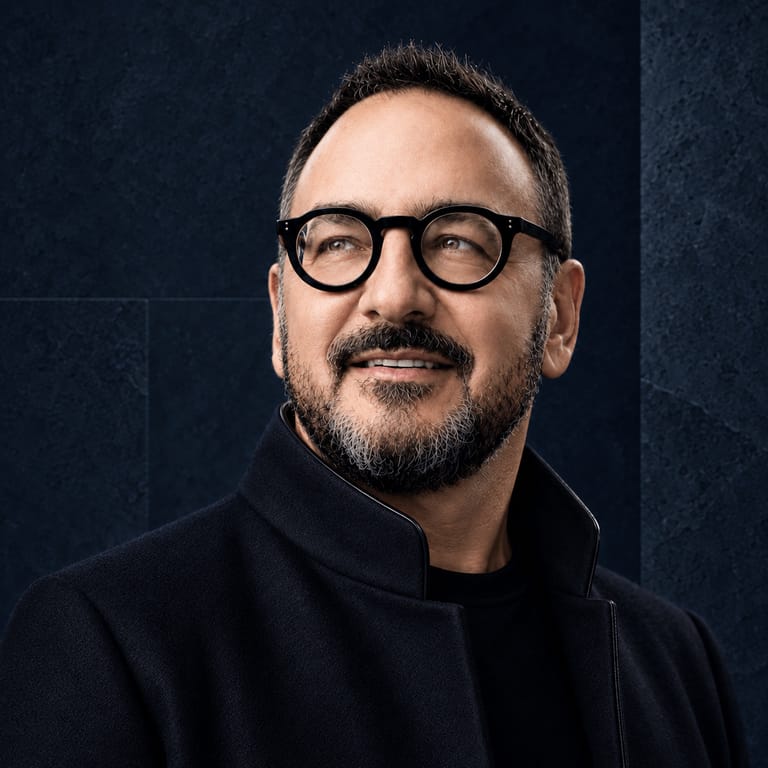 Professional portrait photograph of a middle-aged man wearing black-framed round glasses and a dark black jacket against a dark textured background. The