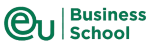 This image displays the logo and branding of EU Business School, a professional educational institution. The design features a stylized green circular emblem
