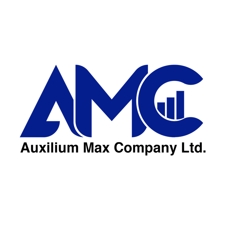 Professional corporate logo featuring the acronym "AMC" in bold, modern blue typography with integrated business analytics elements. The design incorporates a