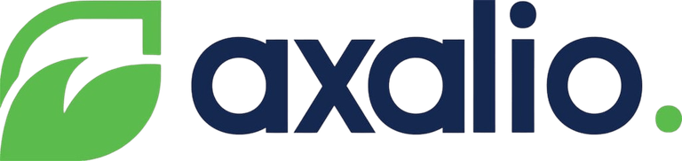 A modern corporate logo design featuring the brand name "axalio" in a contemporary sans-serif typeface. The logo combines a green leaf-inspired icon on the