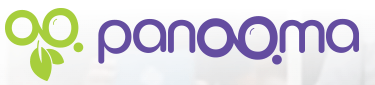This image displays the Panooma brand logo and wordmark. The design features a modern, contemporary aesthetic combining a stylized green leaf or plant-like