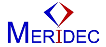 A professional logo design featuring the word "MERIDEC" in bold blue capital letters. Above the text is a geometric diamond-shaped symbol composed of four