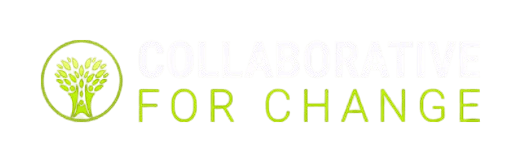 A minimalist logo design featuring a stylized tree or plant symbol in lime green and white colors, paired with the text "FOR CHANGE" in a modern, sans-serif