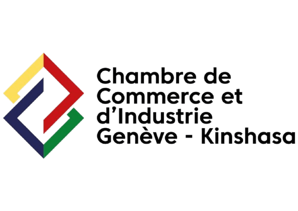 This image displays the logo and branding of a Chamber of Commerce and Industry organization serving the Geneva-Kinshasa region. The design features a