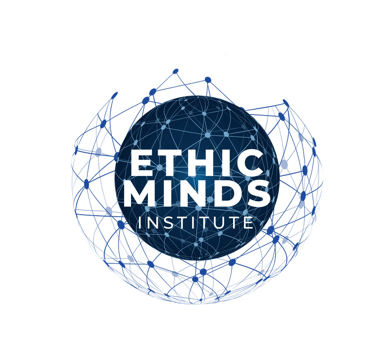 This image represents the Ethic Minds Institute, a modern organization focused on ethical thinking and interconnected knowledge. The design features a dark