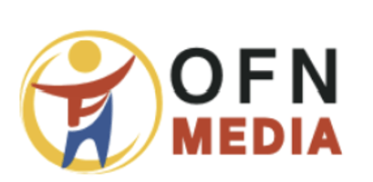 This image displays the logo and branding for OFN Media, a media organization or company. The logo features a stylized human figure in an active, dynamic pose