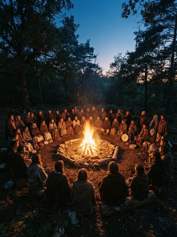 A gathering around a fire at dusk in a forest clearing