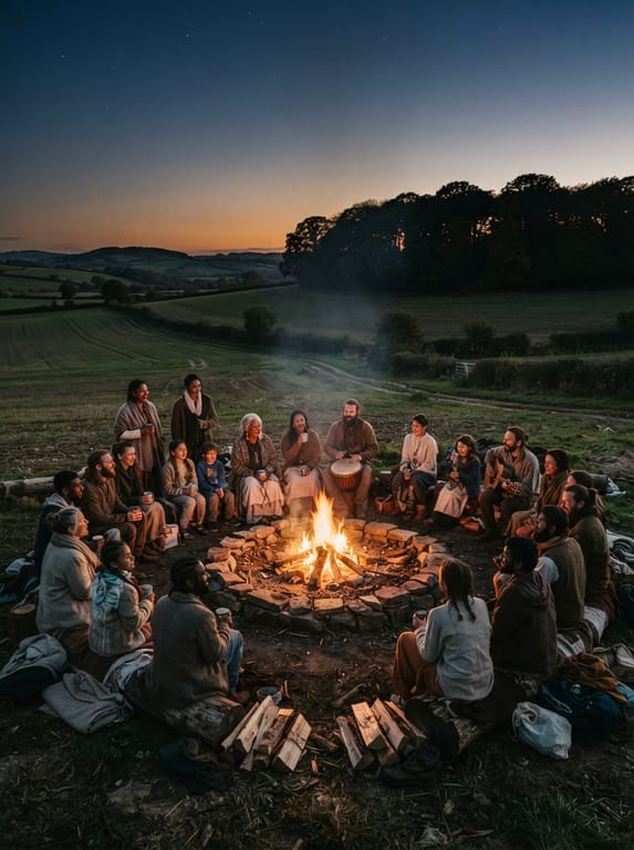 People gathered around a fire at dusk on rural land