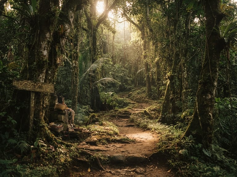 Path through dense forest with dappled light