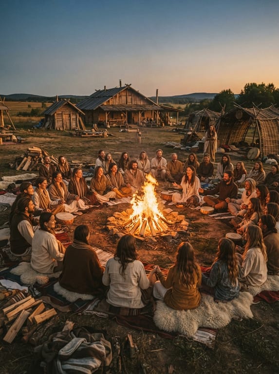 Community gathering around a fire at a cultural hub