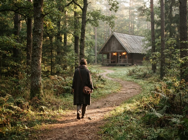 A person walking a forest path toward a traditional gathering space