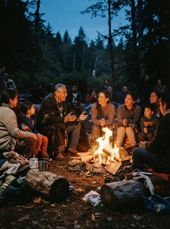 People gathered around a fire at a land-based cultural hub