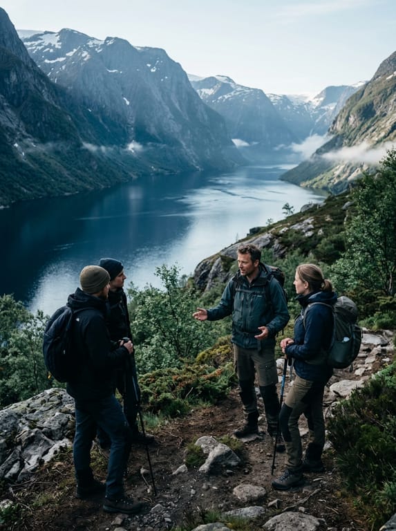 A guide with guests in a Norwegian mountain landscape