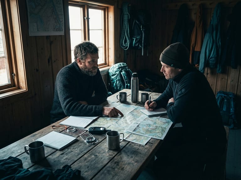 Guides in conversation around a table