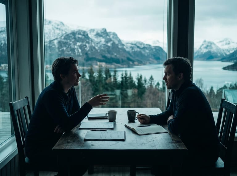 Two people talking over notes at a table