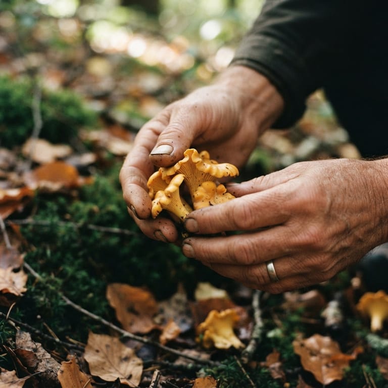 Hands holding freshly foraged chanterelle mushrooms in a forest