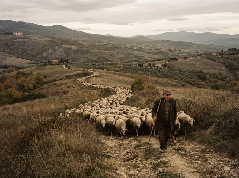 Sheep and shepherds moving through a rural landscape