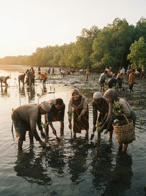 Community members planting mangrove saplings along a coastal wetland