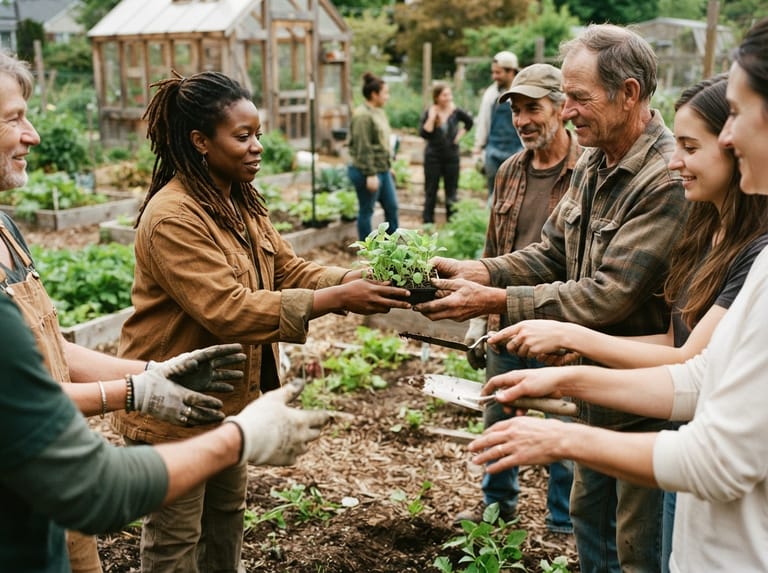 Hands exchanging seedlings within a community circle