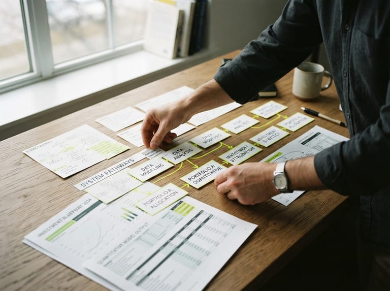 Documents and diagrams being structured into an investment plan