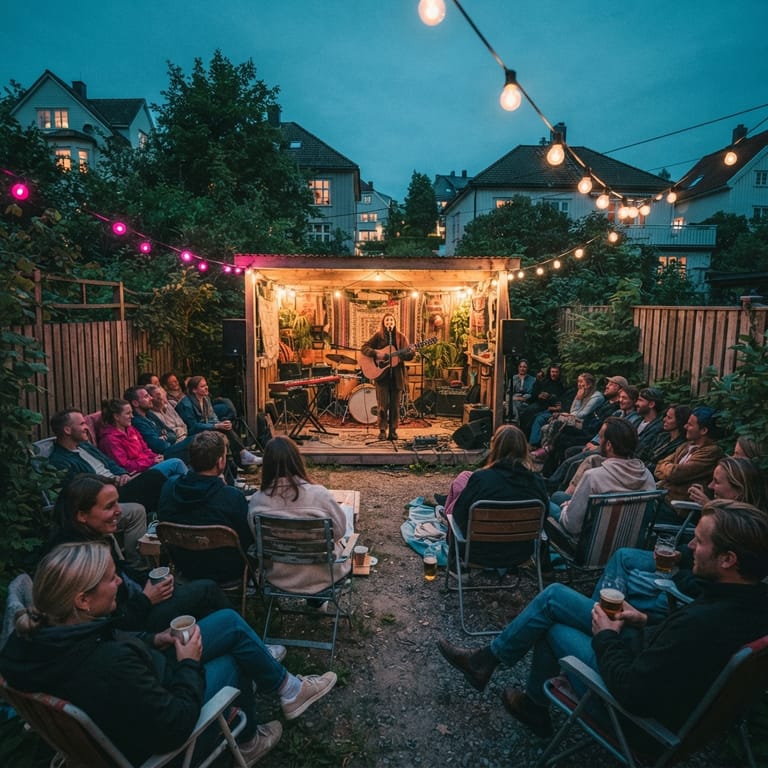 Backyard concert setup with string lights and seating