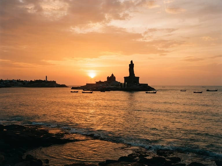 Sunset over the Kanniyakumari coastline