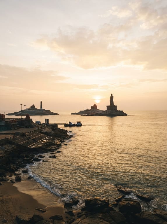 Wide view of the Kanniyakumari coastline and southern landscape at dawn