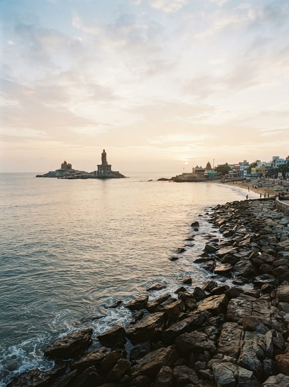 Kanniyakumari coastline with the Vivekananda Rock Memorial visible offshore