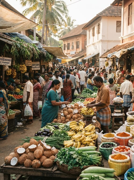 Farmer market stalls with fresh produce in a Kanyakumari town setting