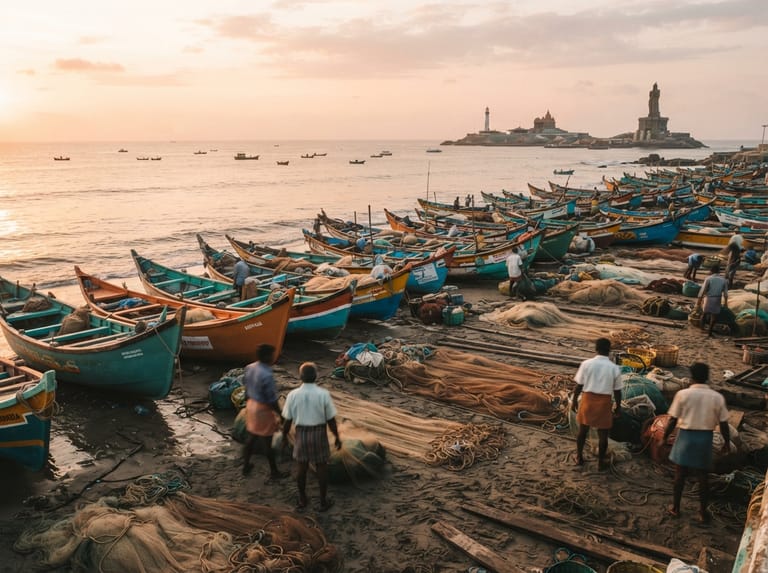 Fishing boats and coastal harbour environment in Kanyakumari