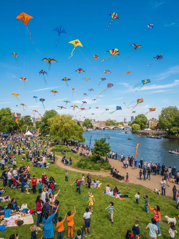 Colourful kites flying over Riverside Community Grounds