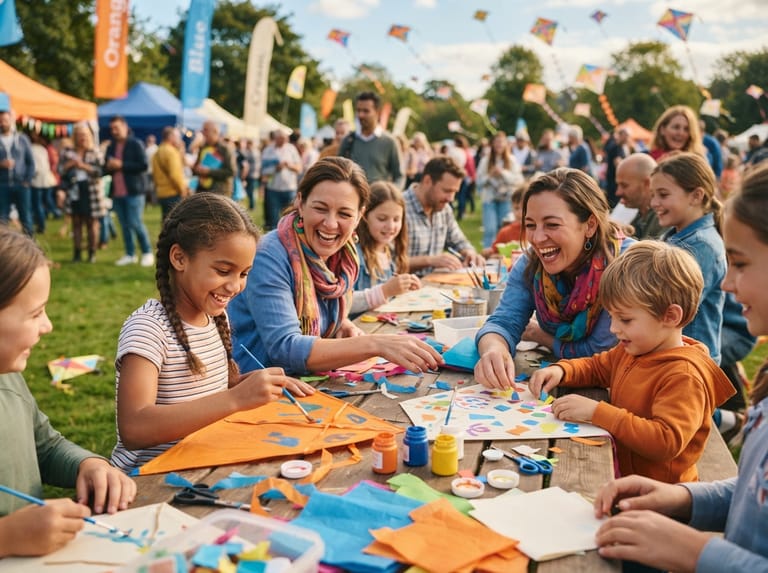 Visitors making kites at a festival workshop table