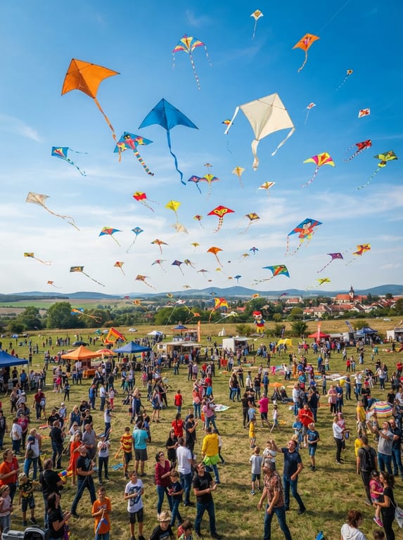 Colourful kites flying over a community ground