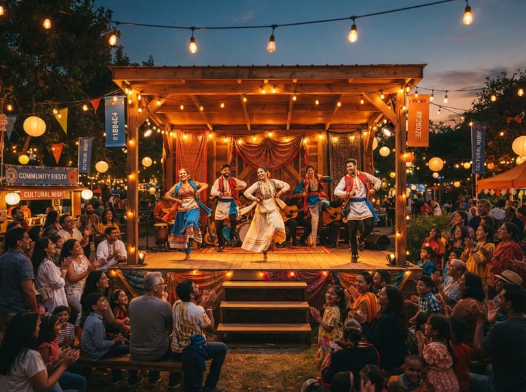 Cultural performers on stage as evening falls over the festival grounds