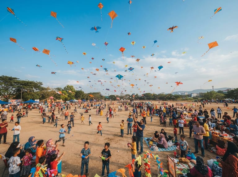Colourful kites flying over an outdoor festival ground