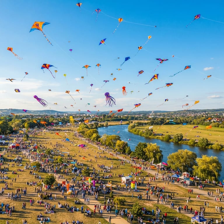 Colourful kites filling the sky above the festival grounds