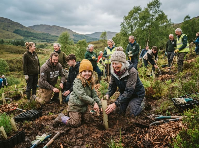 Volunteers planting trees together in a community woodland