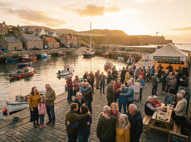 A Scottish coastal community gathered near the harbour